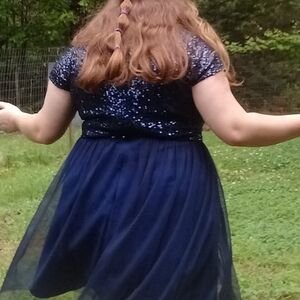 MARINA Navy Blue Sequin Midi Dress